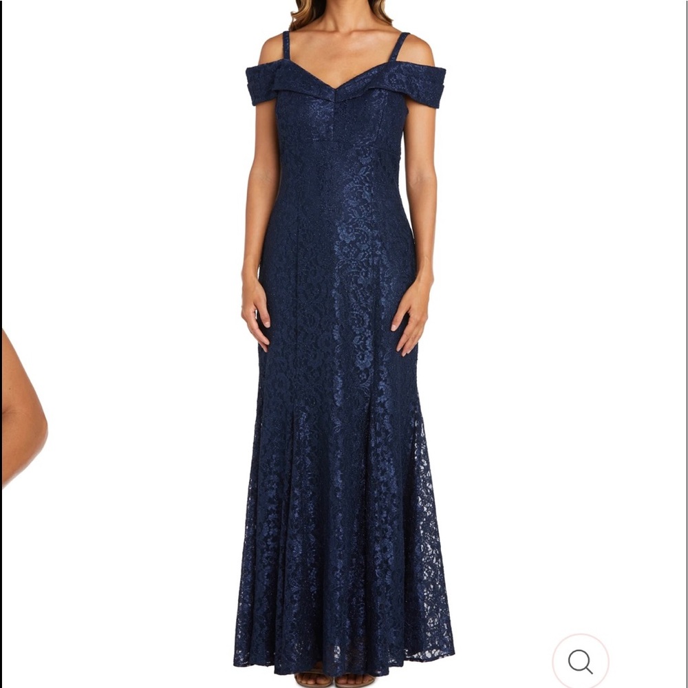 R & M Richards off the shoulder fishtail evening dress